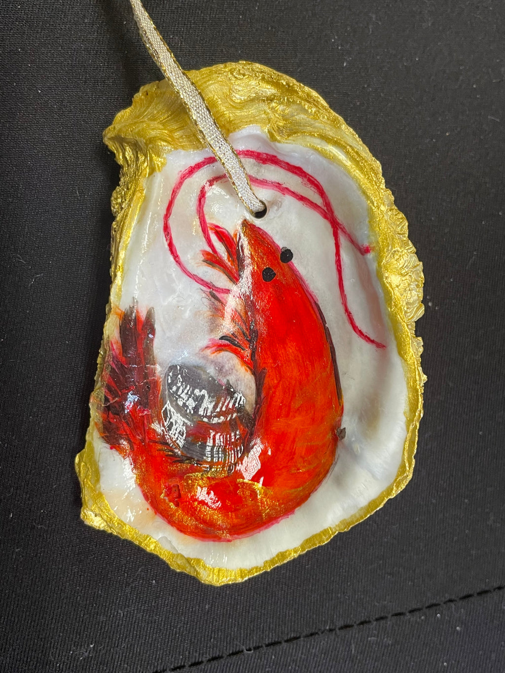 Shrimp Hand Painted Oyster Shell Ornament Low Country Shrimp and Knits