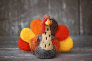 Felted turkey figurine with a textured background